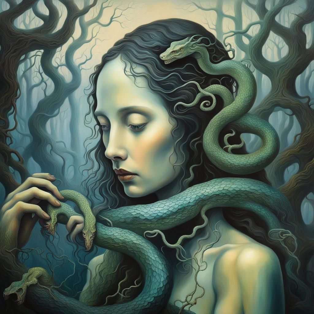 Eve with Serpent in Surrealist Oil Painting