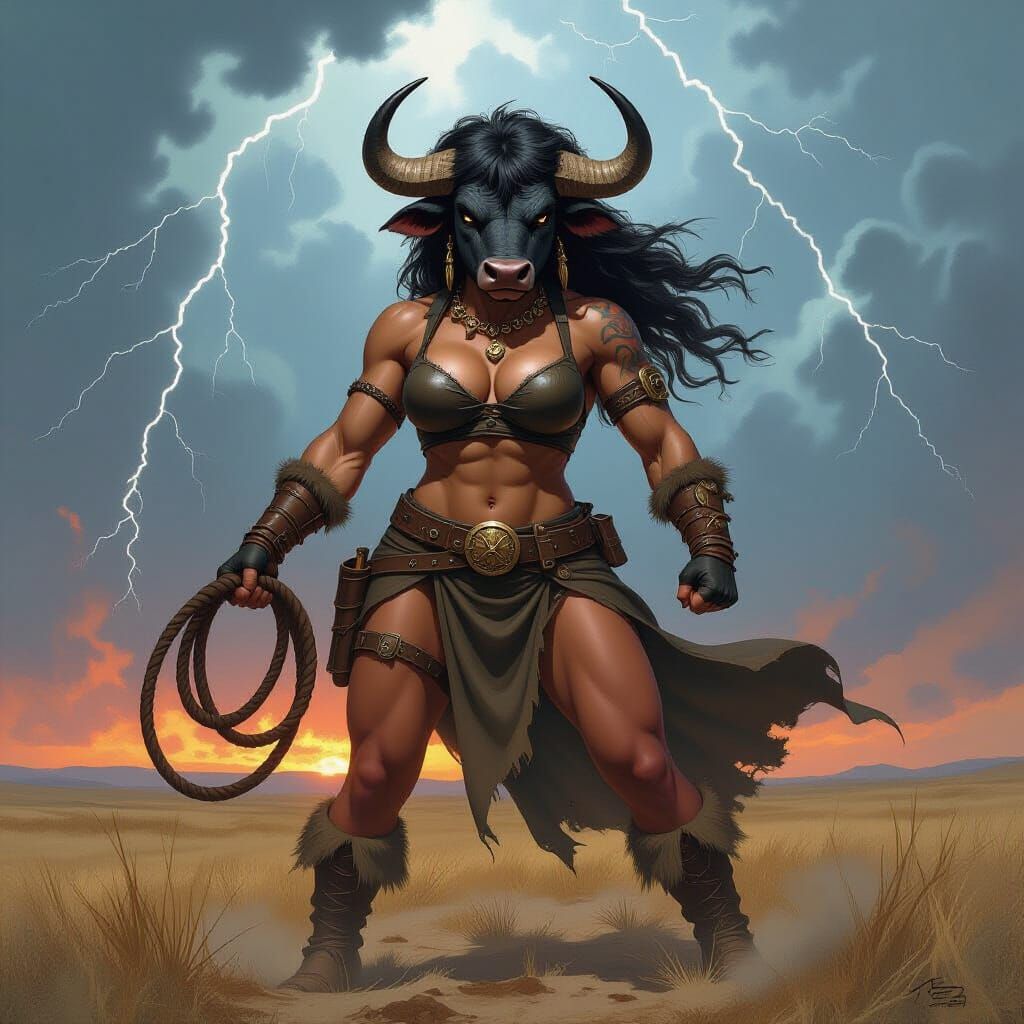 Buffalo Woman Warrior with Whip in Stormy Prairie