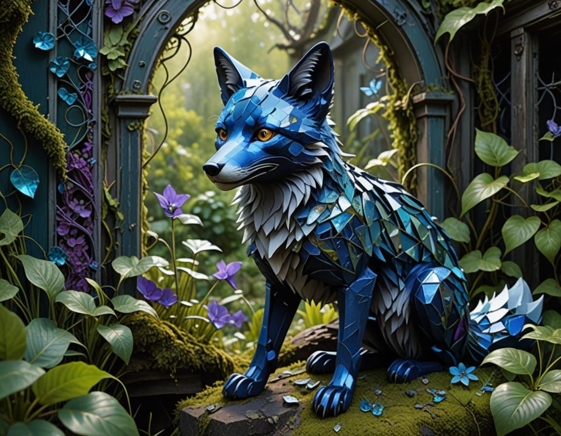 Blue Metal Fox Explores Overgrown Garden: Digital Painting