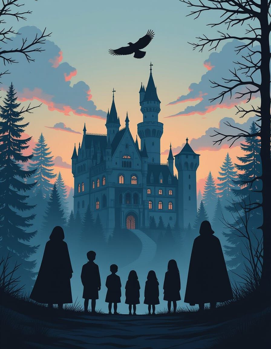 German Castle at Dusk with Mysterious Figures