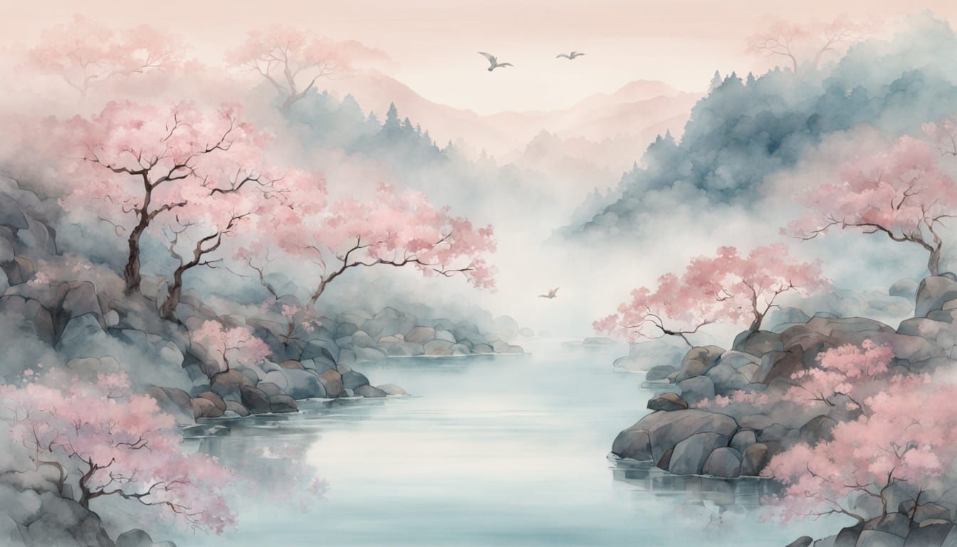 Dreamy Watercolor Cascades: Ethereal Blooms and Whispering M...