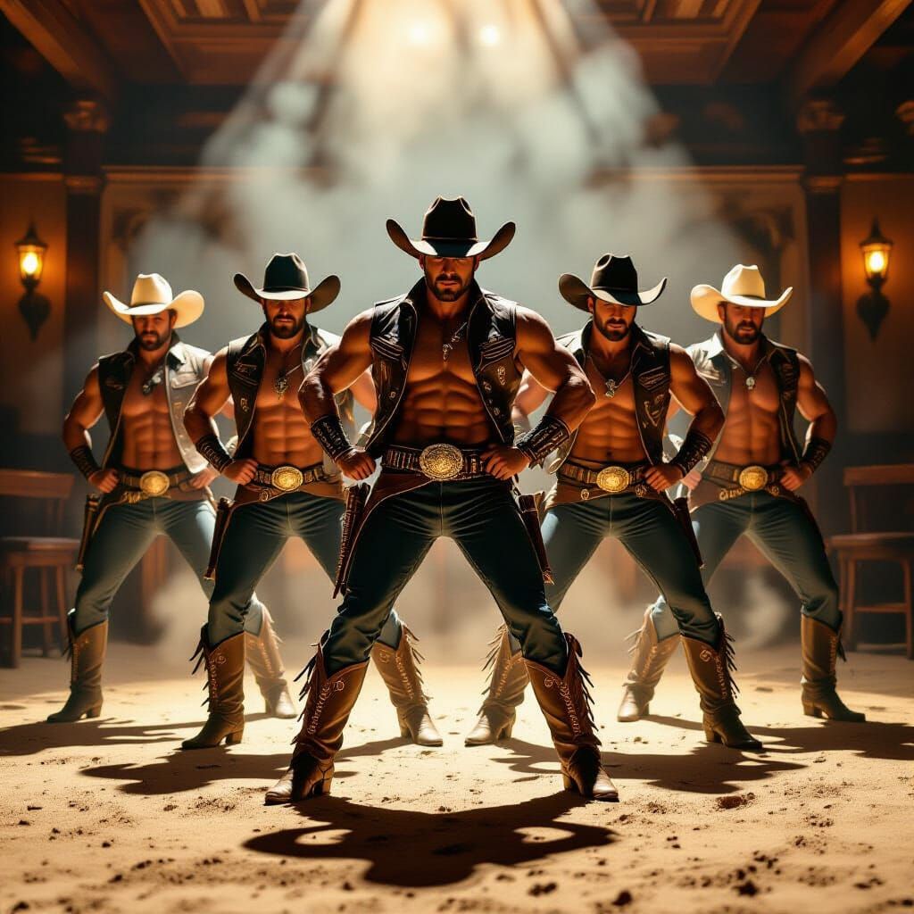 Cowboys Kick Line in Dusty Saloon