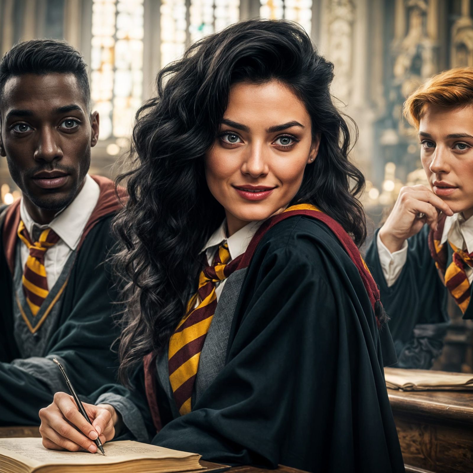 Beautiful Brunette in Hogwarts Robes with Mischievous Look