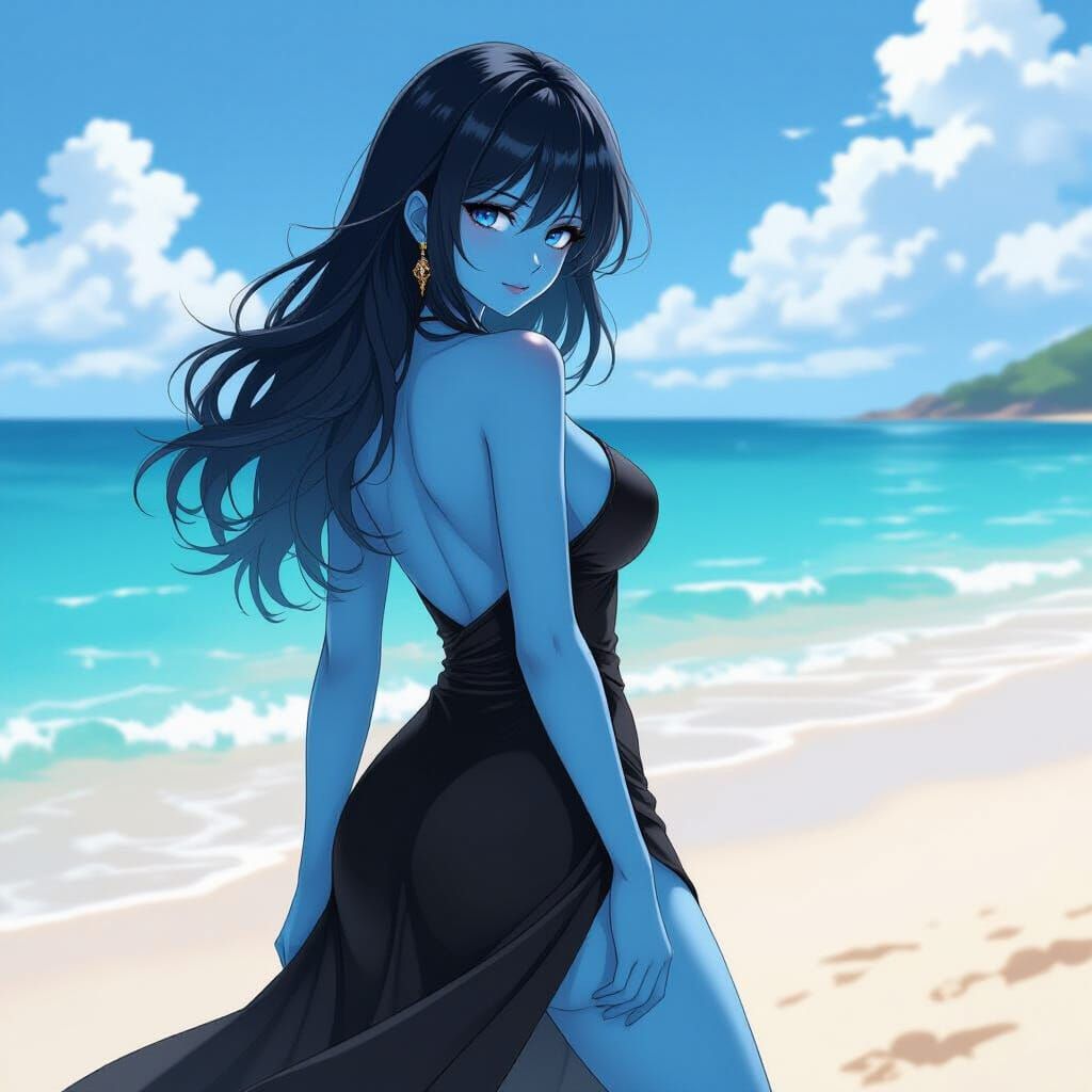 Anime Woman with Blue Skin on Beach