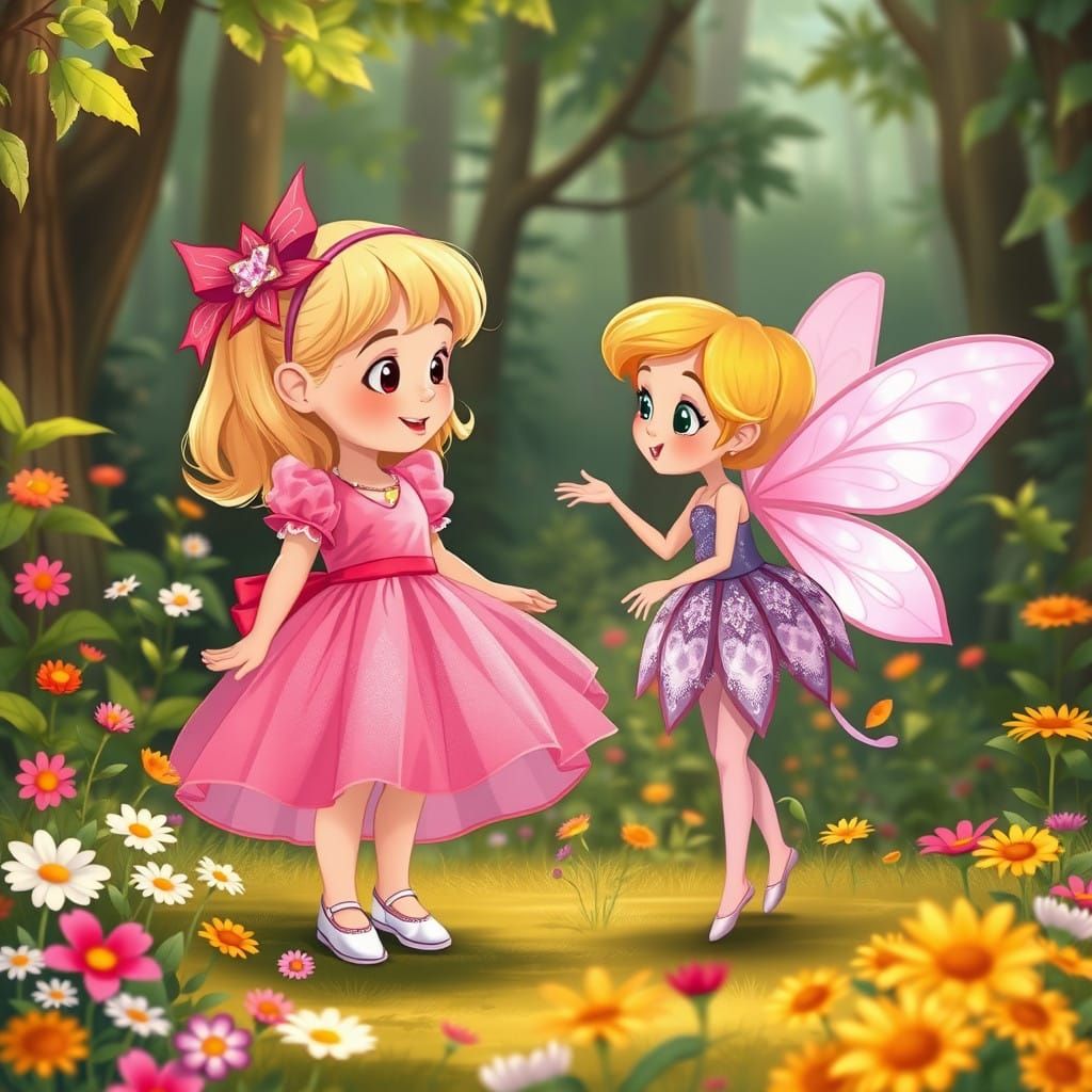 Whimsical Girl in a Pink Dress Converses with a Fairy in a V...