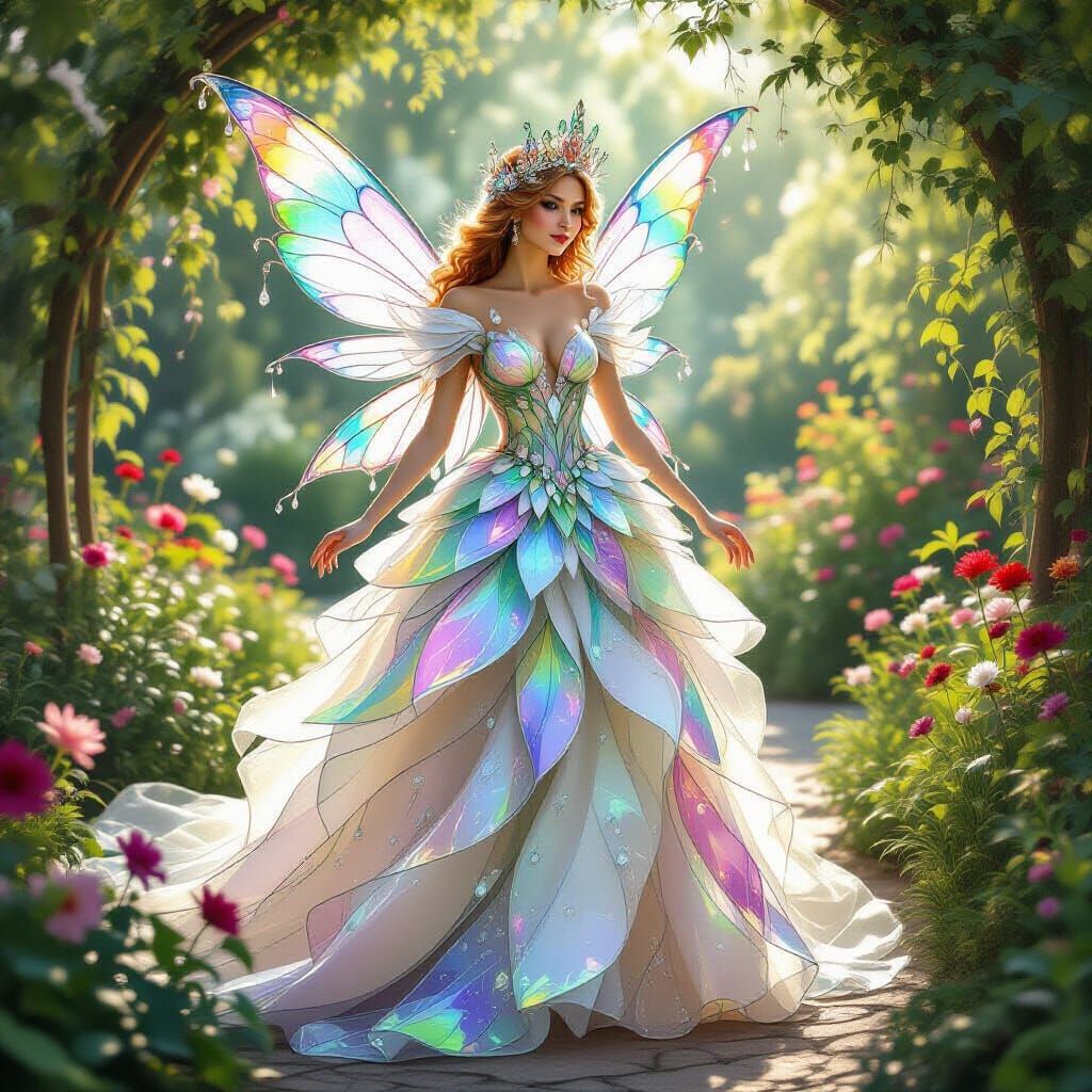 Fairy Queen in Glass Gown Amidst Magical Garden