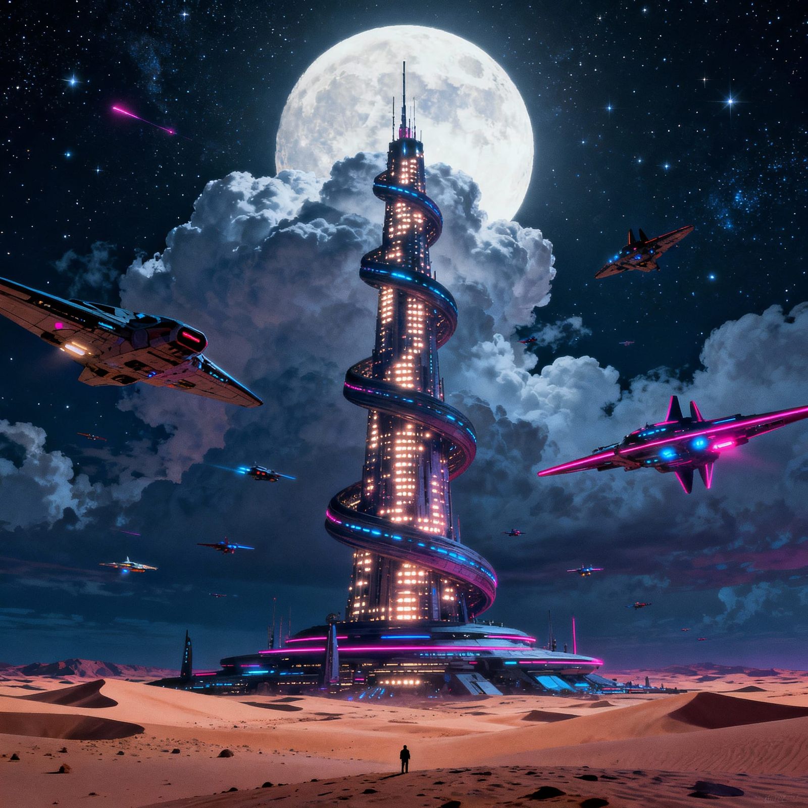 Giant Spiral Tower Above Desert Clouds in Sci-Fi Style
