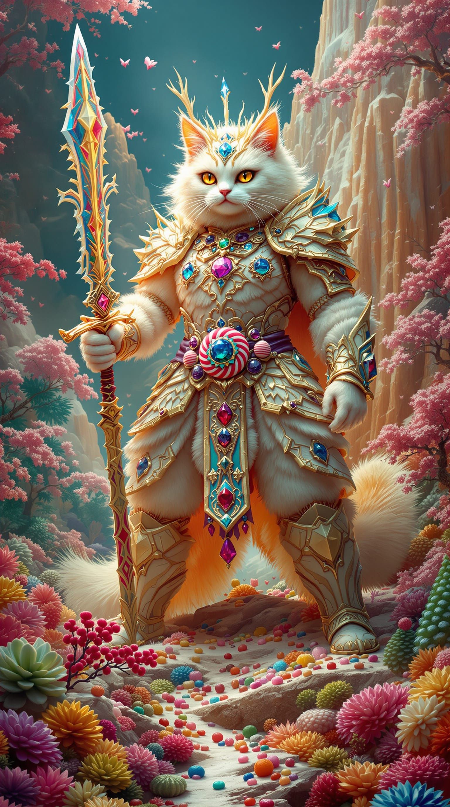 Fluffy Cat Warrior in Sugar Armor with Lollipop Sword