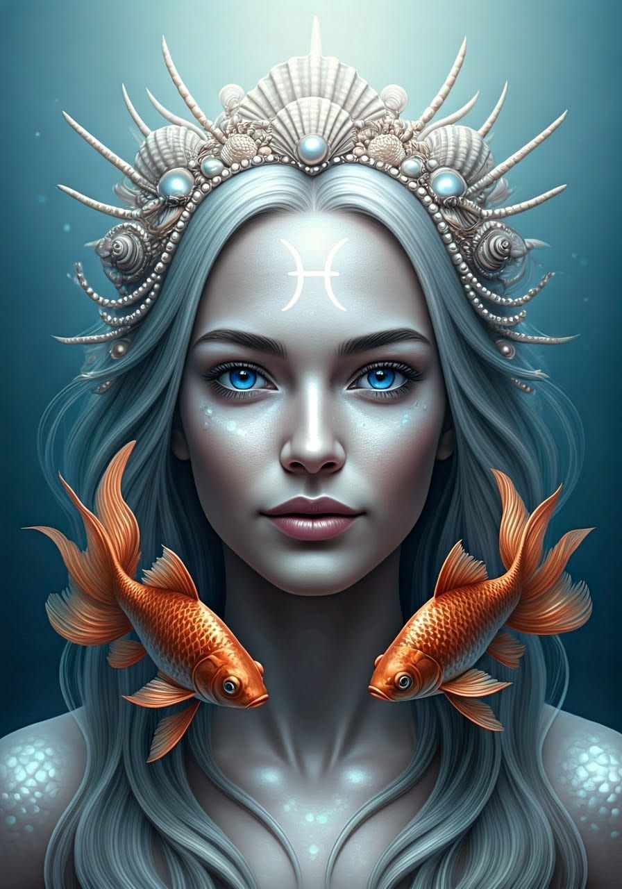 Ethereal Mermaid with Pearls and Glowing Pisces Symbol
