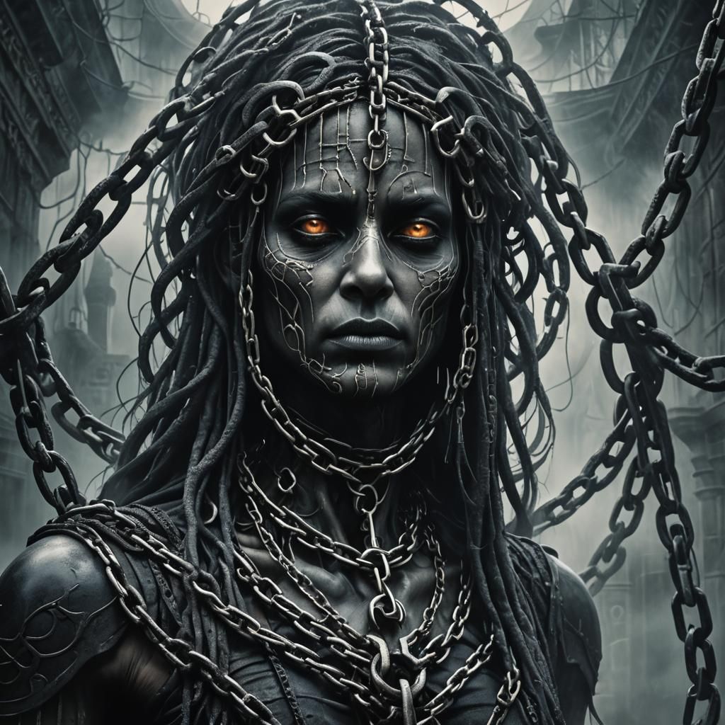 Ominous Dark Figure Ensnared in Gothic Chains