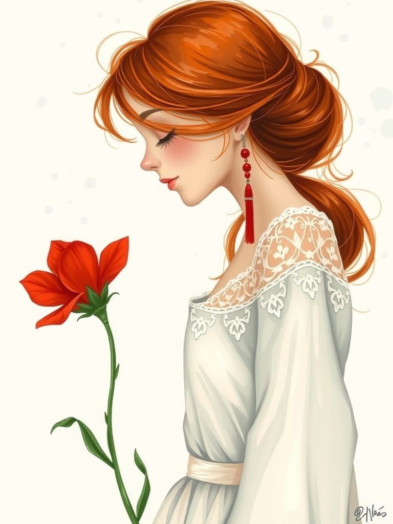 Enchanting Red-Haired Beauty Inhales a Crimson Flower