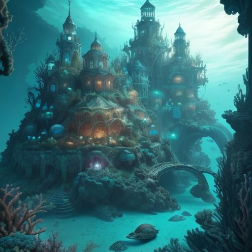 Underwater City with Coral and Sea Life