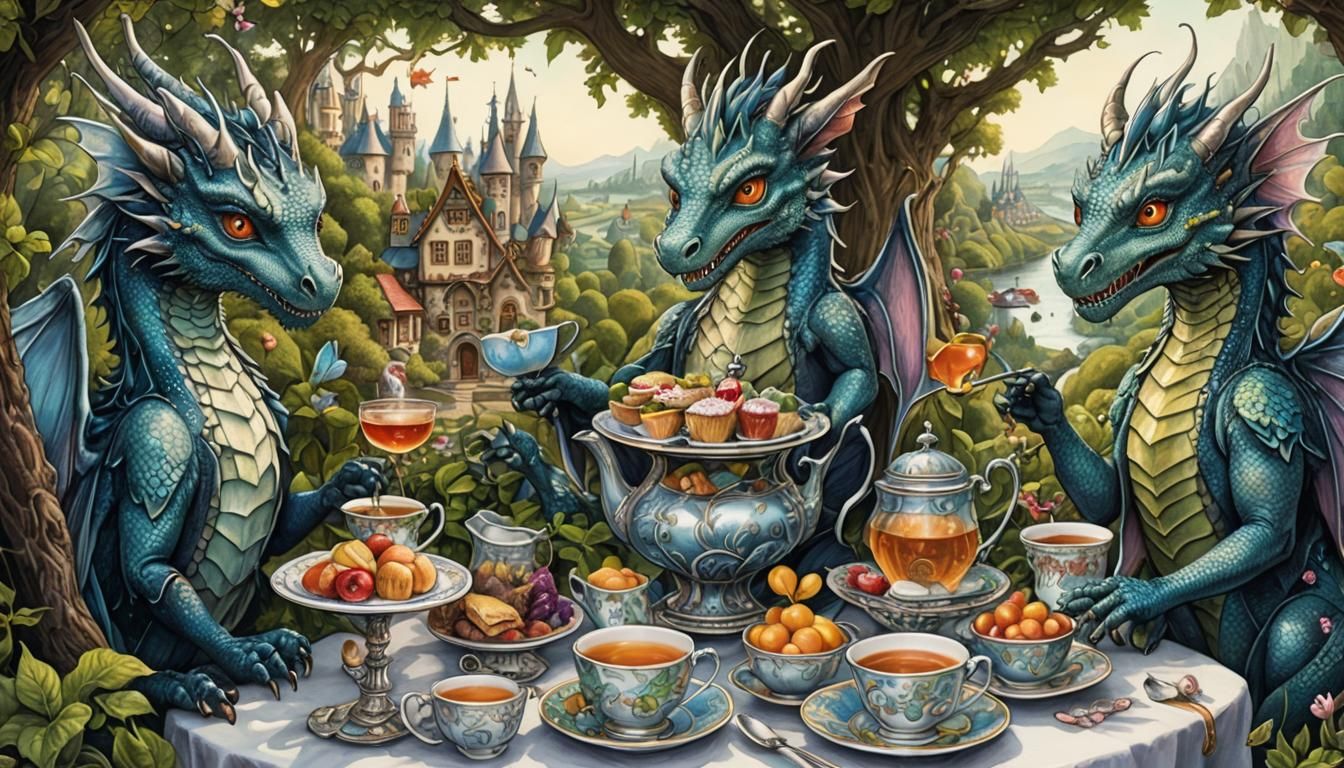 Dragons' Tea Party in Whimsical Fairy Town