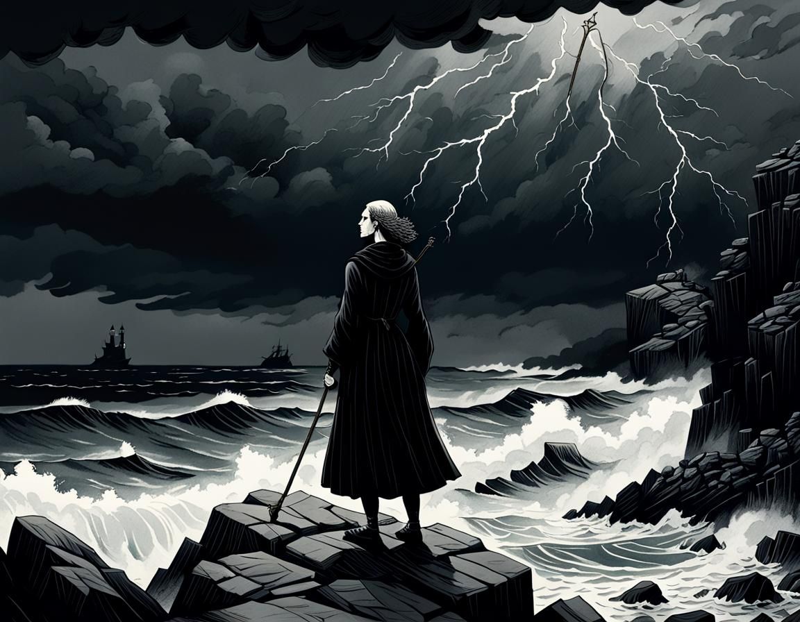 Miranda on Stormy Coast: Gorey-Inspired Ink Illustration