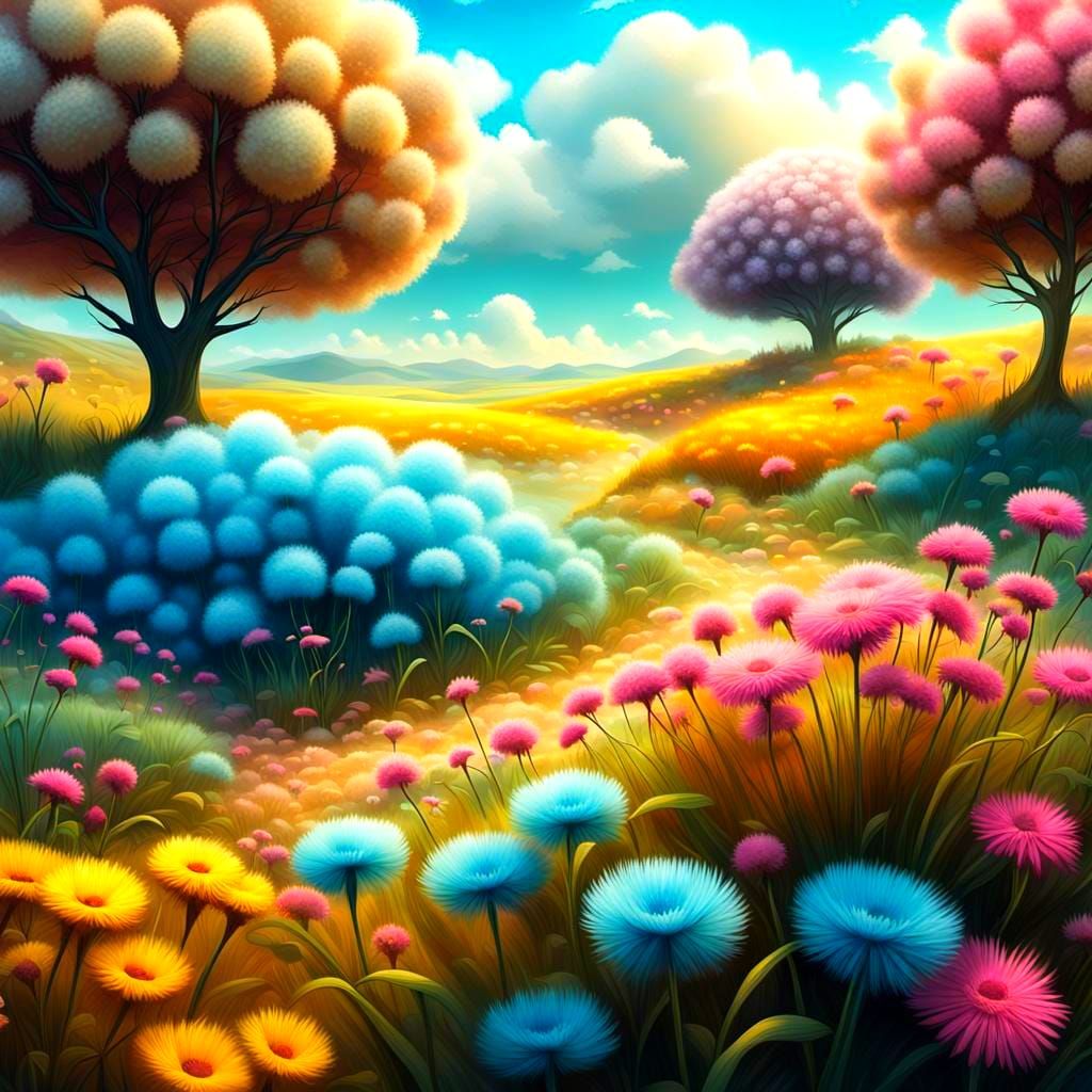 Alien Grassland with Vibrant Flowers in Pixar Style