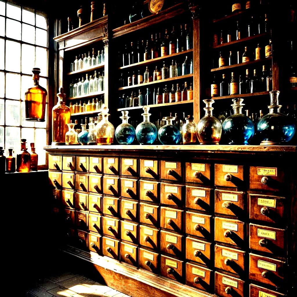 Apothecary Shop with Wooden Drawers and Glass Bottles