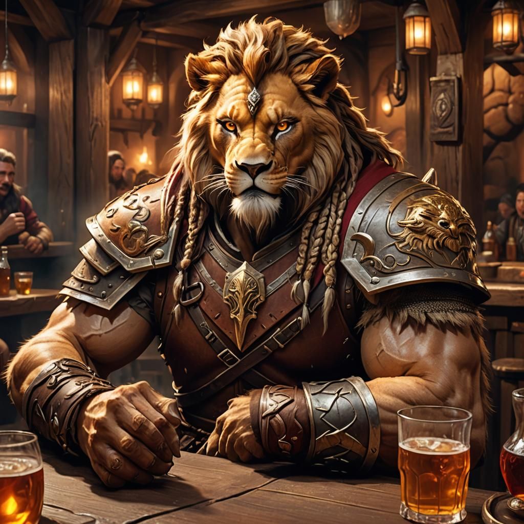 Lion-Man Barbarian in Tavern: Fantasy Concept Art