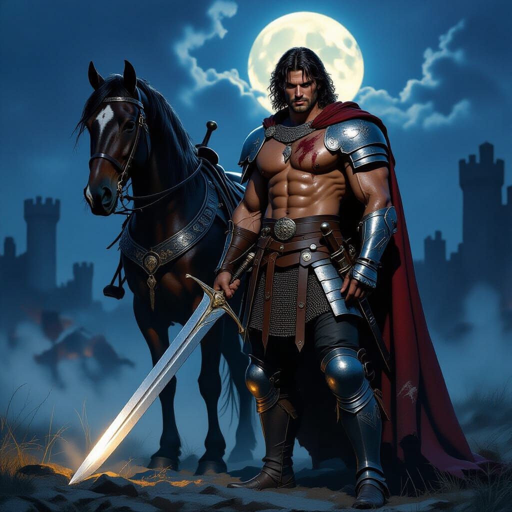 Heroic Sir Lancelot on Battlefield at Twilight