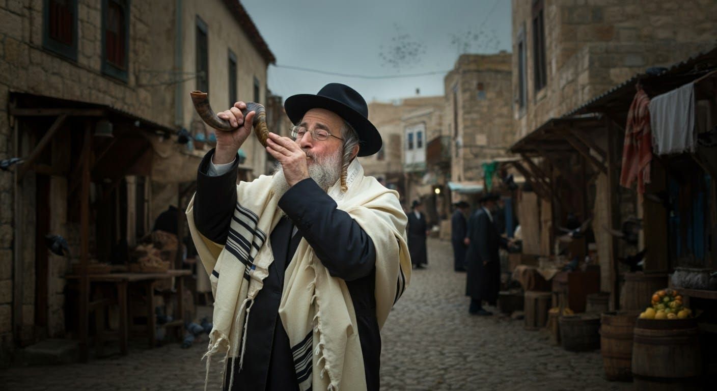 Jewish Man Blowing Shofar in Old Town Square