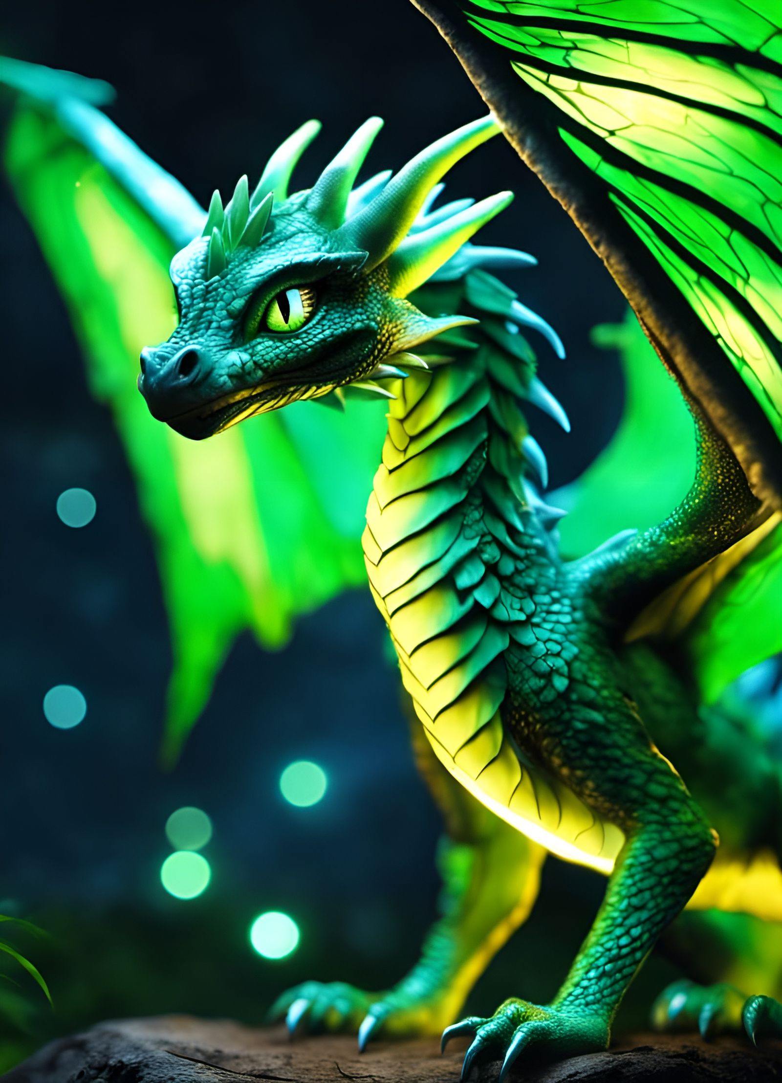Bioluminescent Chibi Dragon Wyvern in Hyperrealism Style
