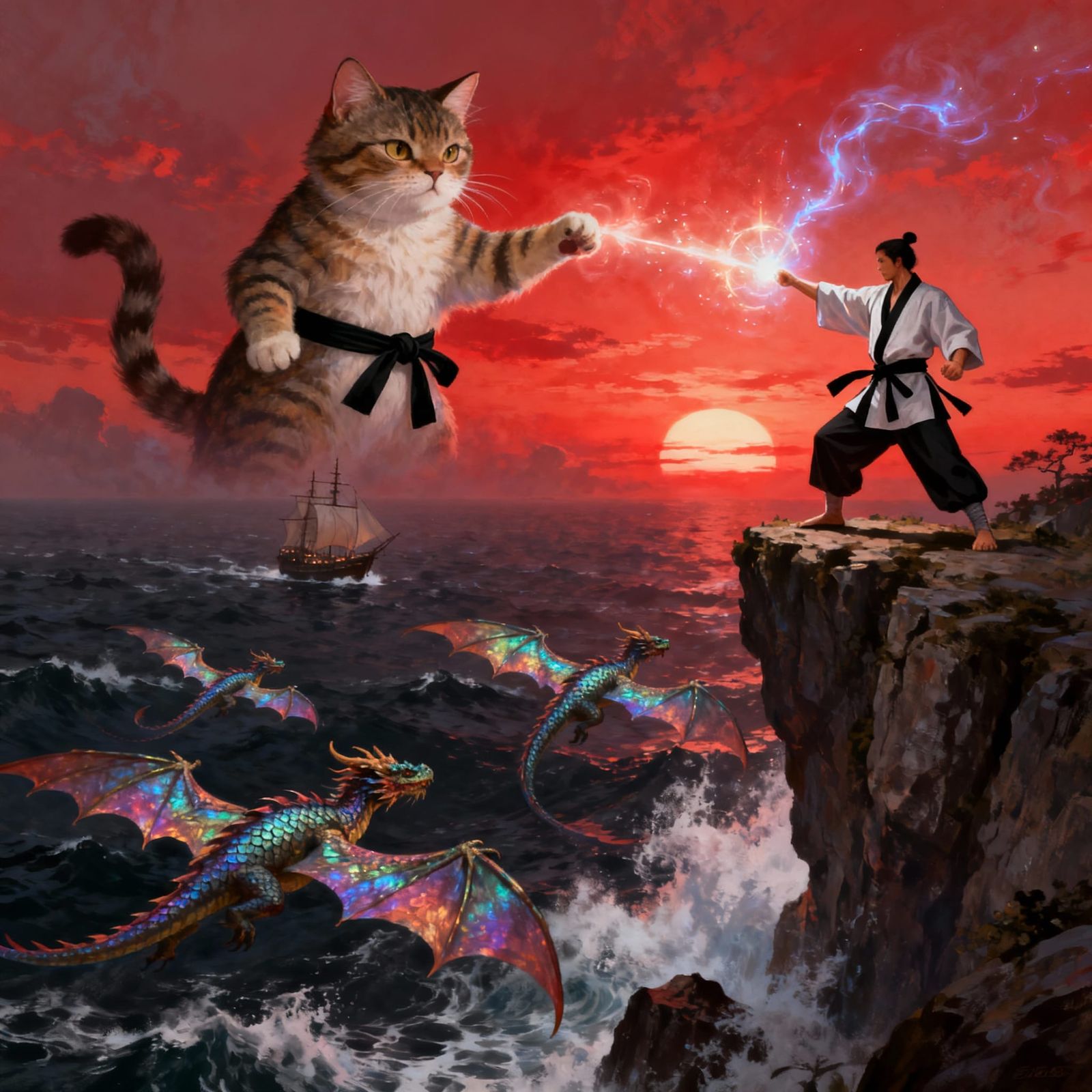 Wizard Cat Karate Master Casting Spell at Sunset