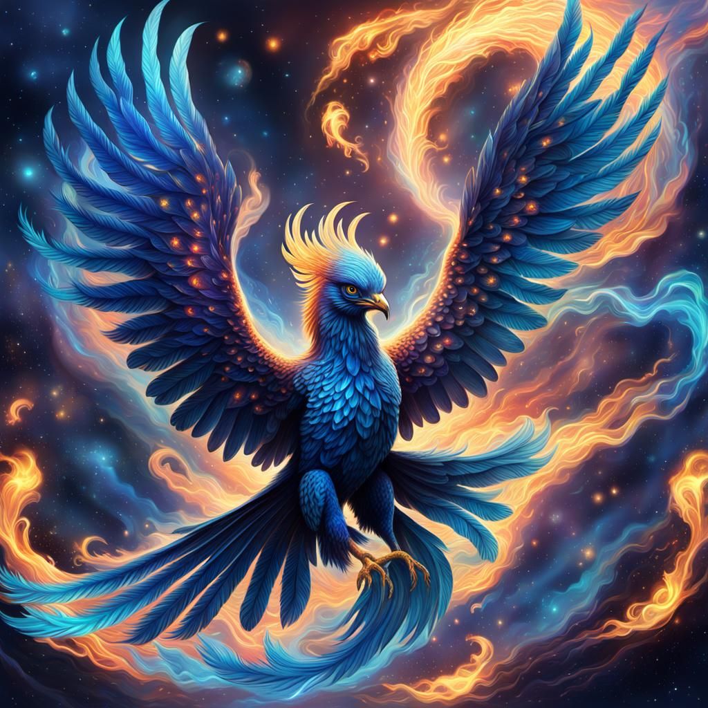 Blue Phoenix in Flight: Holographic Cosmic Illustration