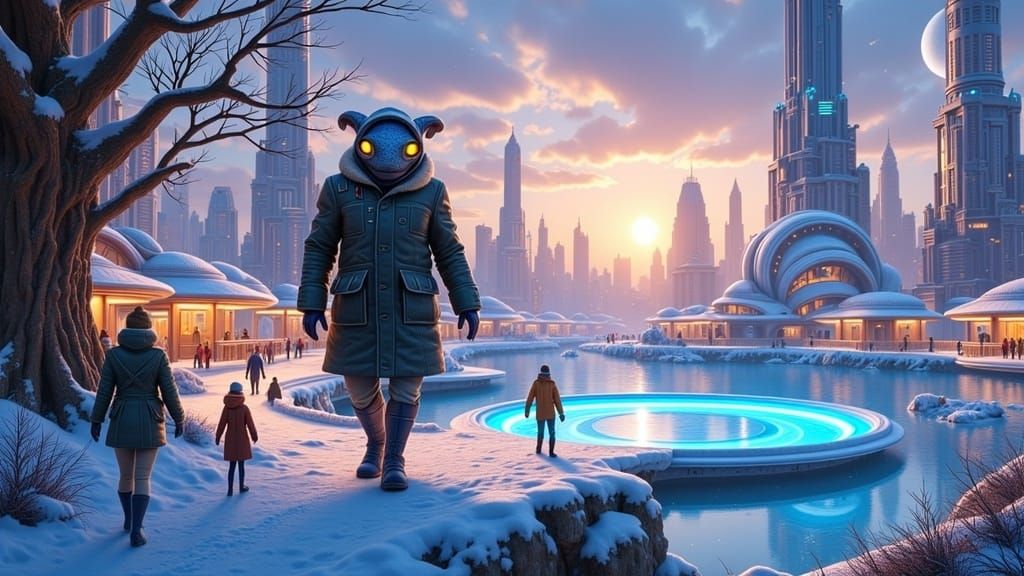 Oversized Alien-humanoid-hybrid Named Gretonica Walking During The Winter On Ceztorgue