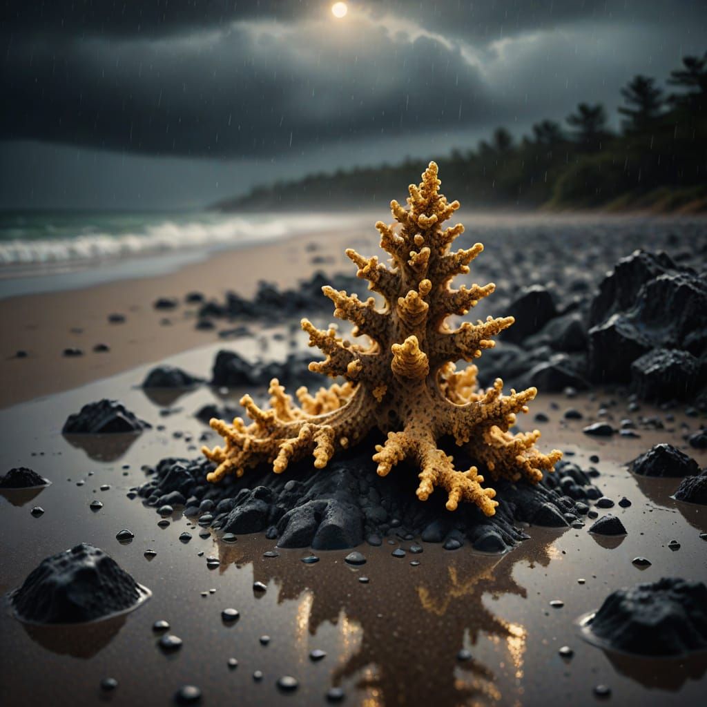 Fulgurite on Rainy Beach in Moody Digital Painting