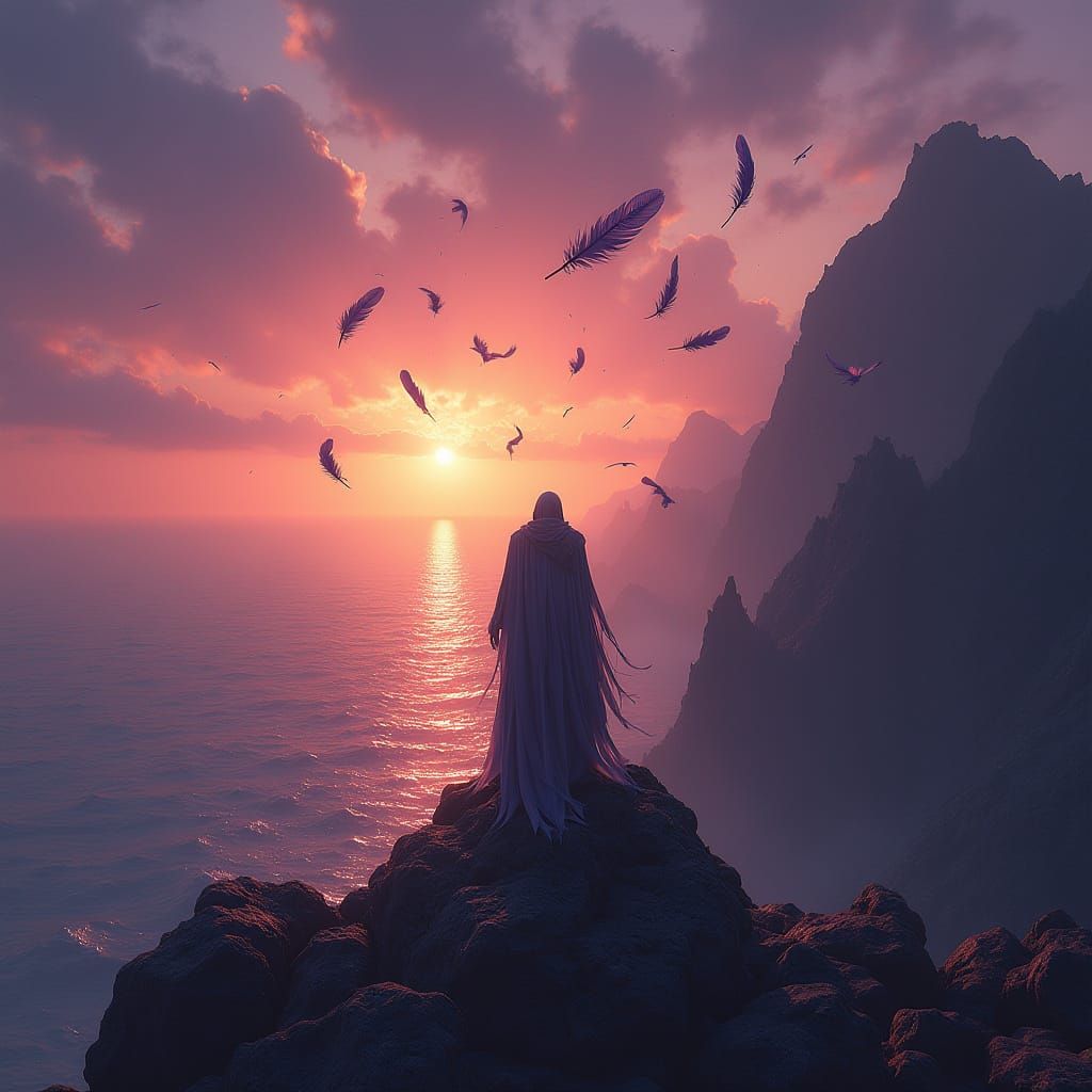 Ethereal Feathers Dance Amidst Sunset Ocean and Moonlit Moun...