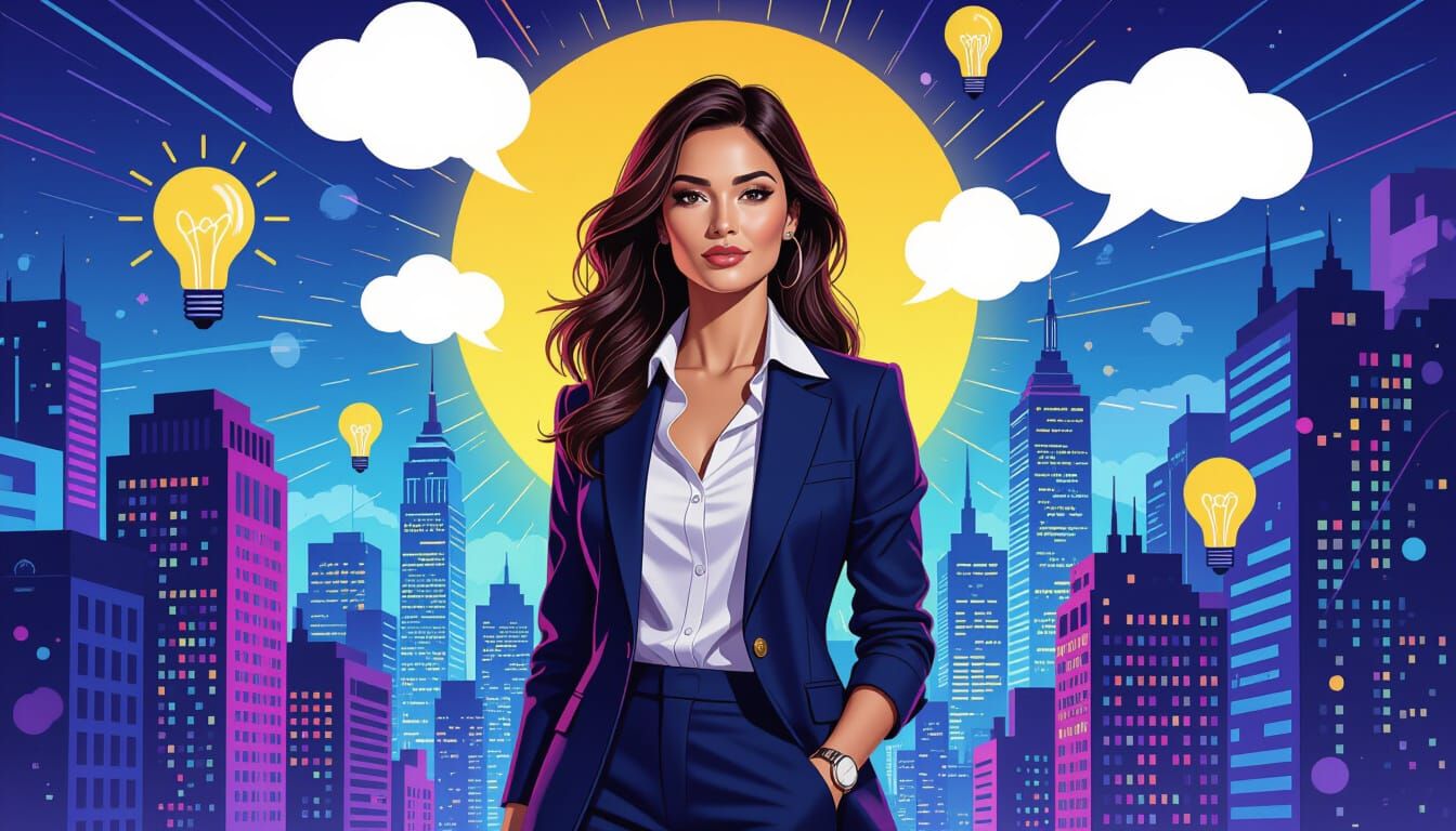 Confident Businesswoman in Neon Cityscape