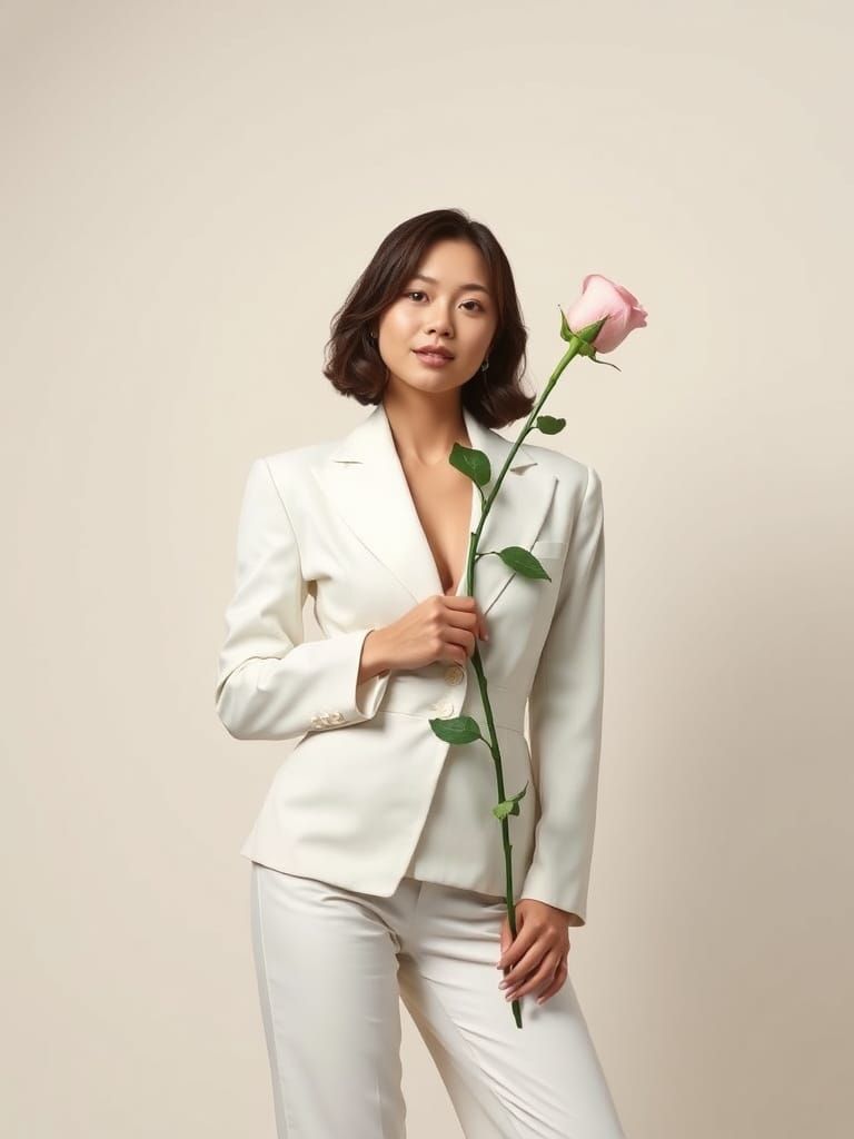 Elegant Woman in White with Rose, Digital Art