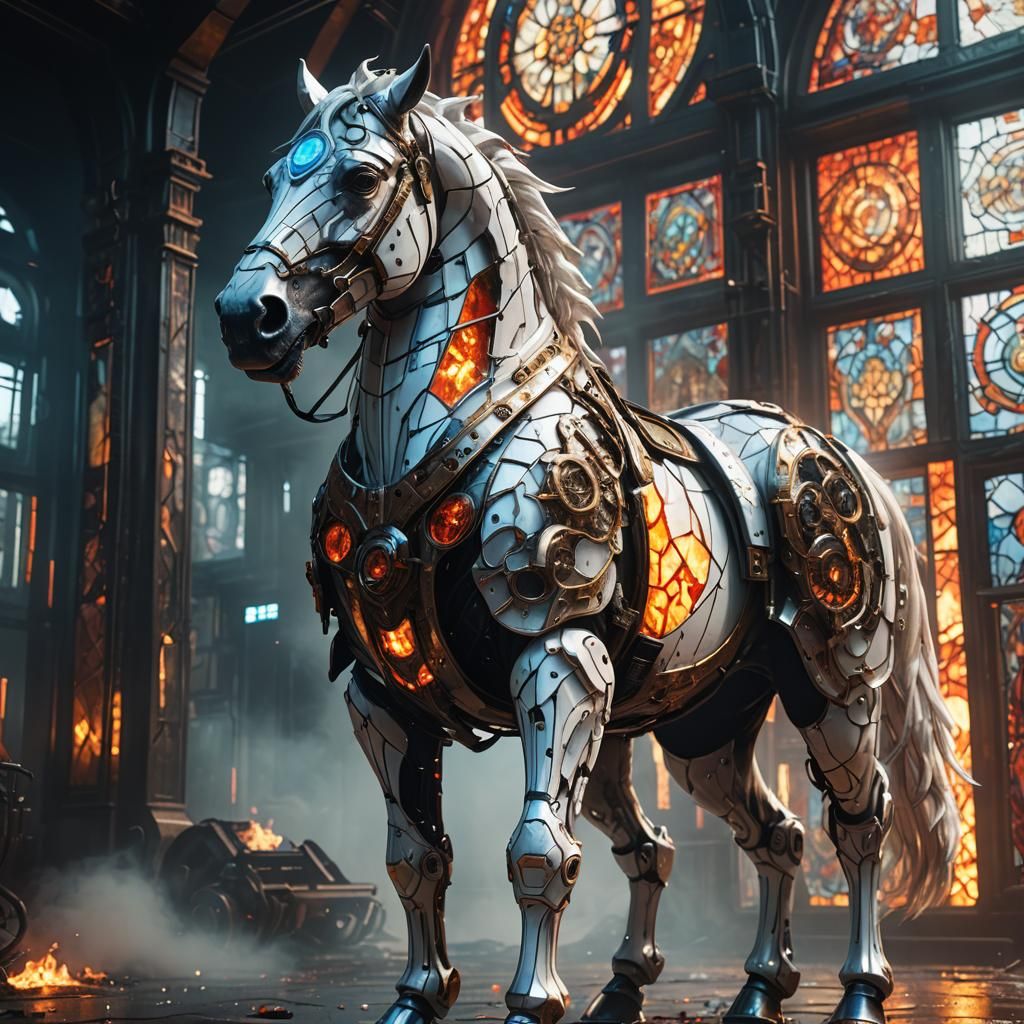 Cyberpunk Biomechanical Horse in Stained Glass Armor