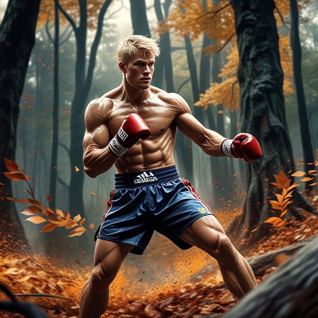 Muay Thai Fighter in Autumn Forest, Dynamic Digital Painting