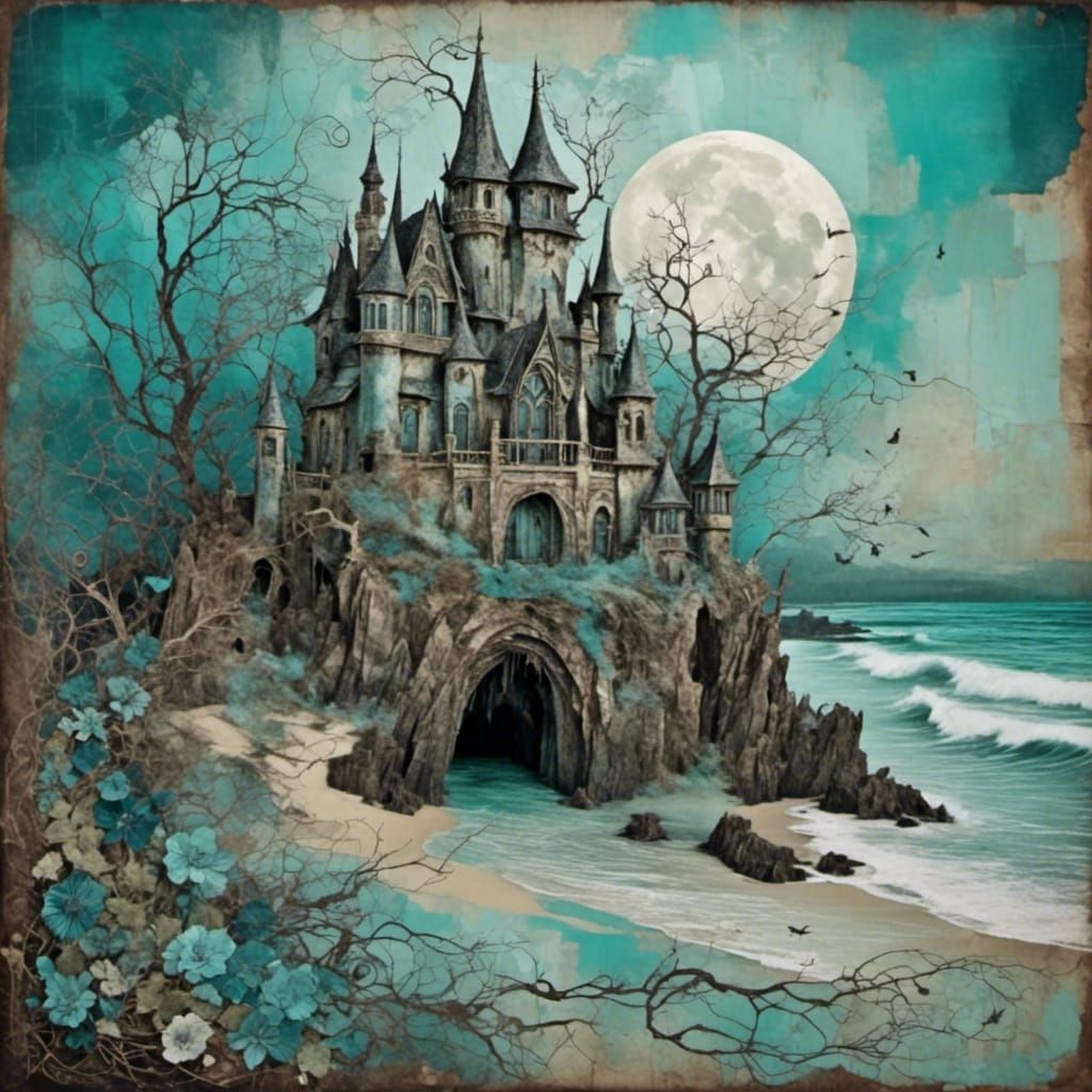 Haunted Beach with Blue Castle and Ethereal Ghosts