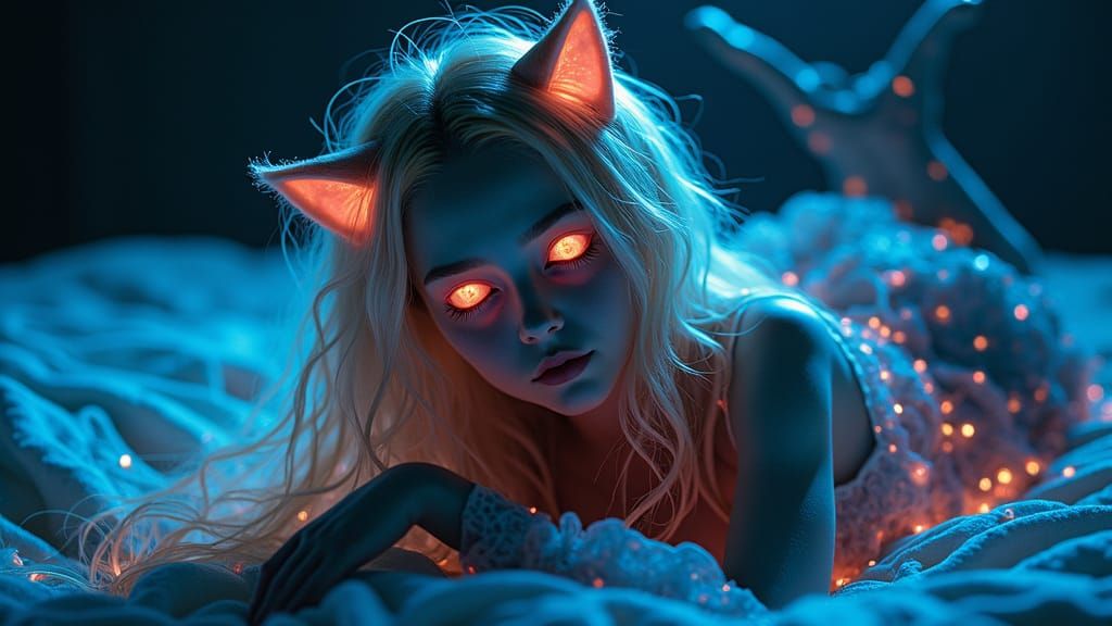 Gothic Water Elemental Cat Girl with Neon Hair