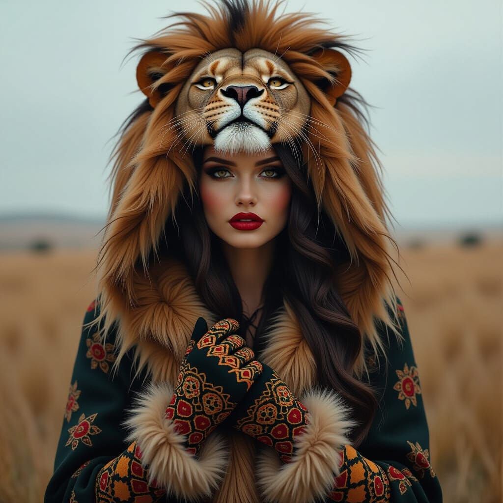 Gothic Lion Woman in Faience Horror Art Style