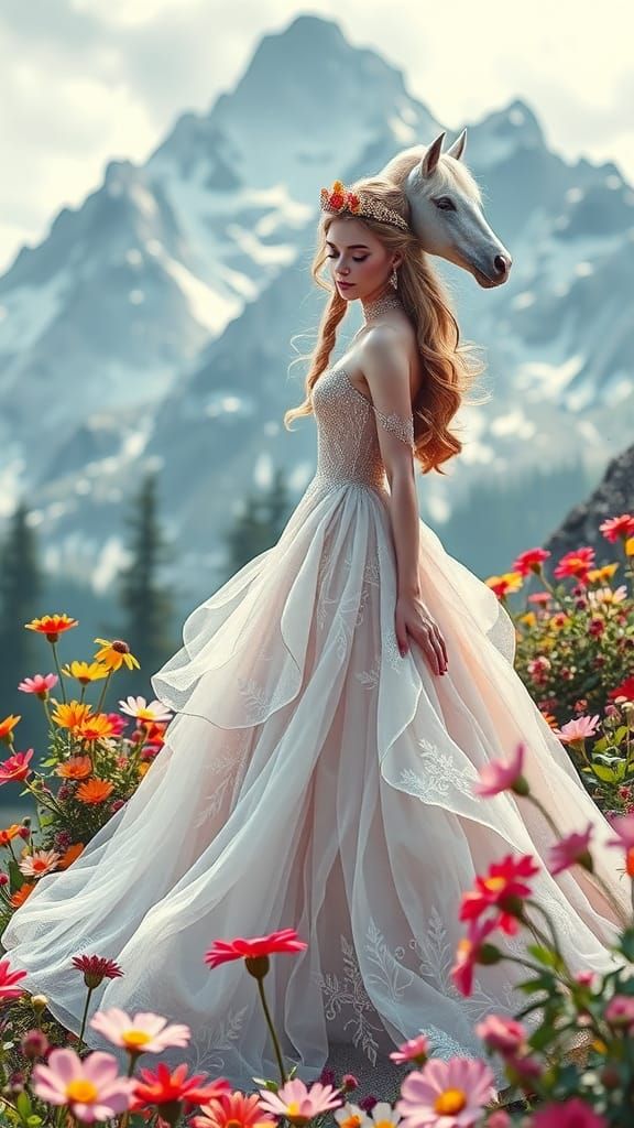 Princess and Unicorn in Dreamy Fairy Tale Landscape