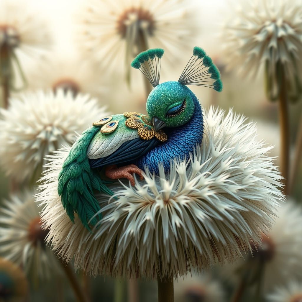 An adorable little peacock is asleep on a Dandelion.