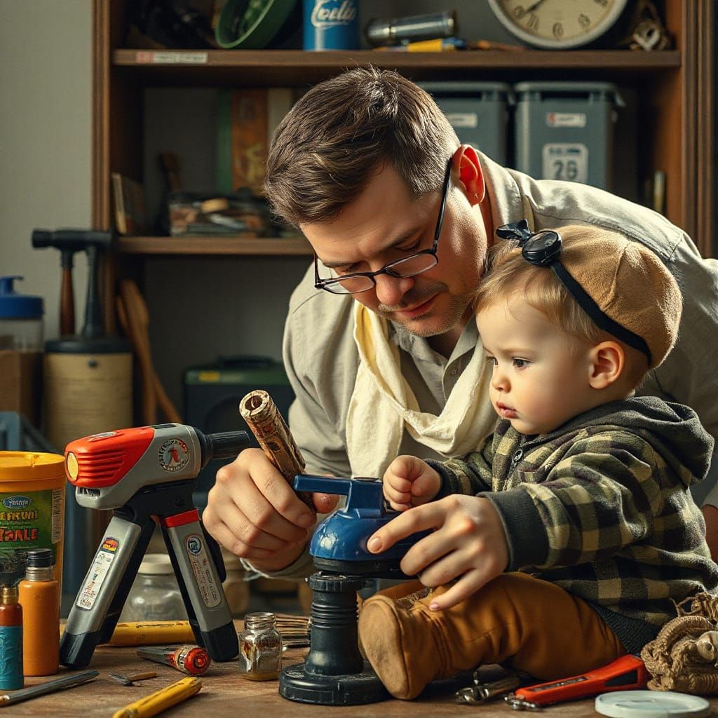 Dad Fixes Toy for Child in Vintage Ad Style