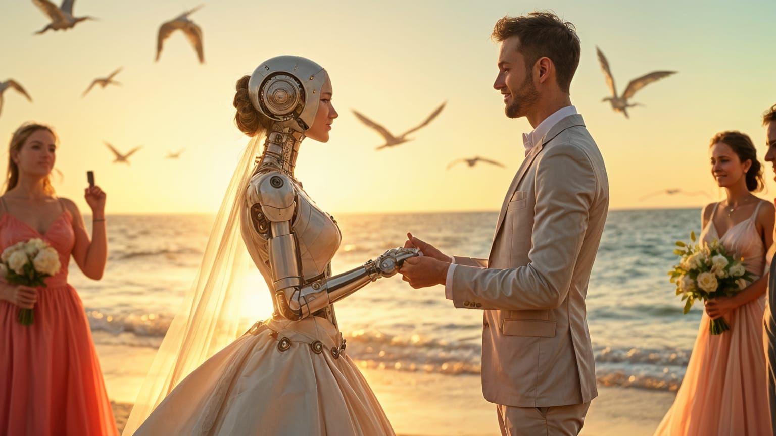 Cyberpunk Robot Bride Unites with Human at Beachside Nuptial...
