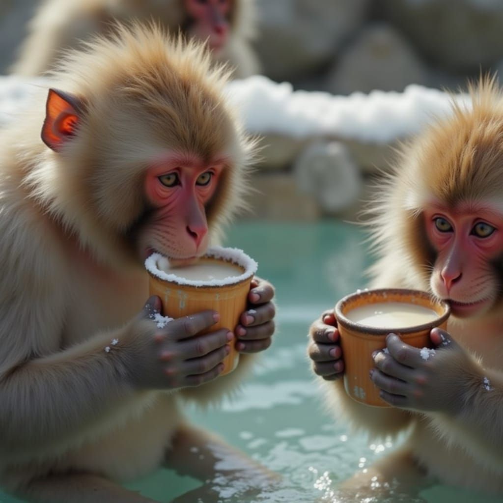 Japanese Macaques Relaxing in a Hot Spring