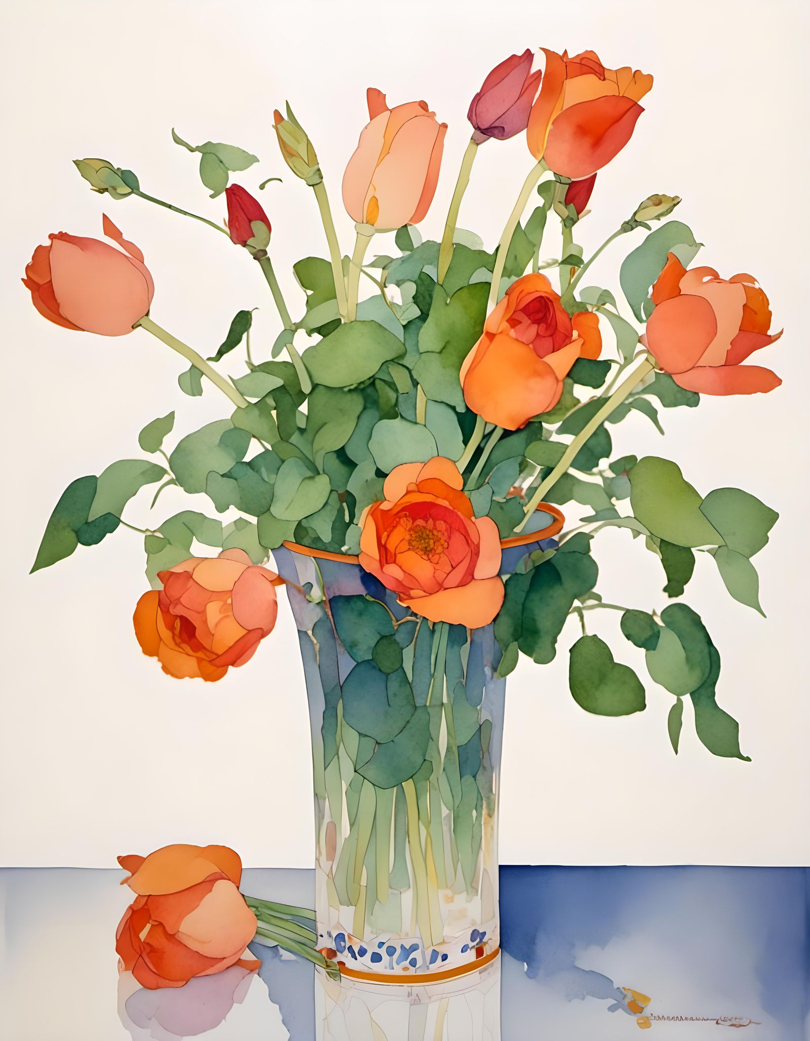 Watercolor Vase with Roses and Tulips