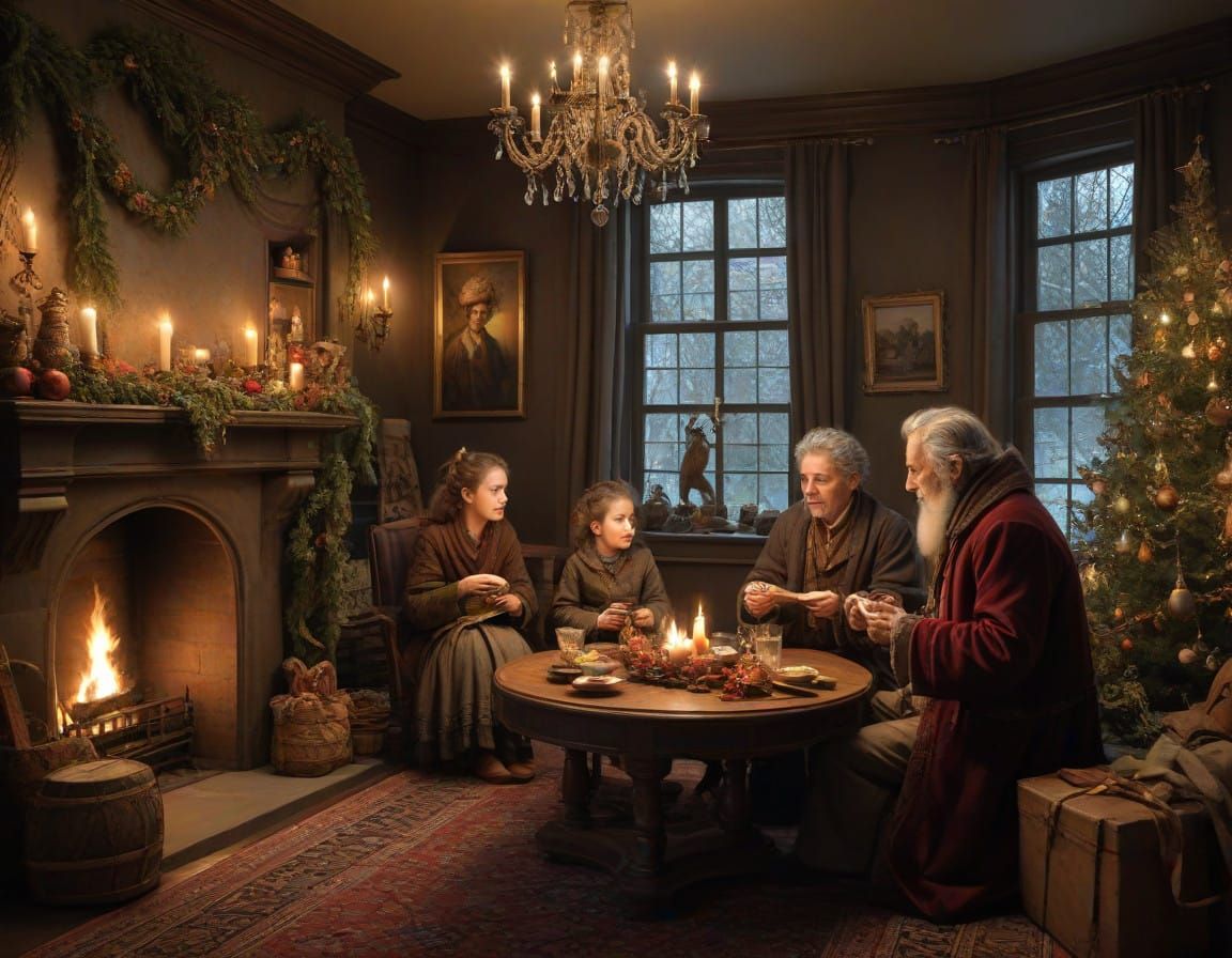 Joyful Family Christmas Carol Scene in Whimsical Winter Wond...