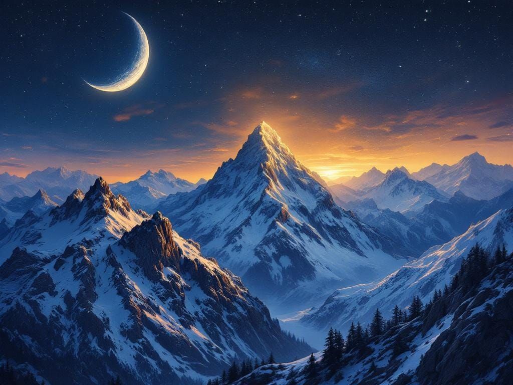 Crescent Moon Descent From Mountain Peak