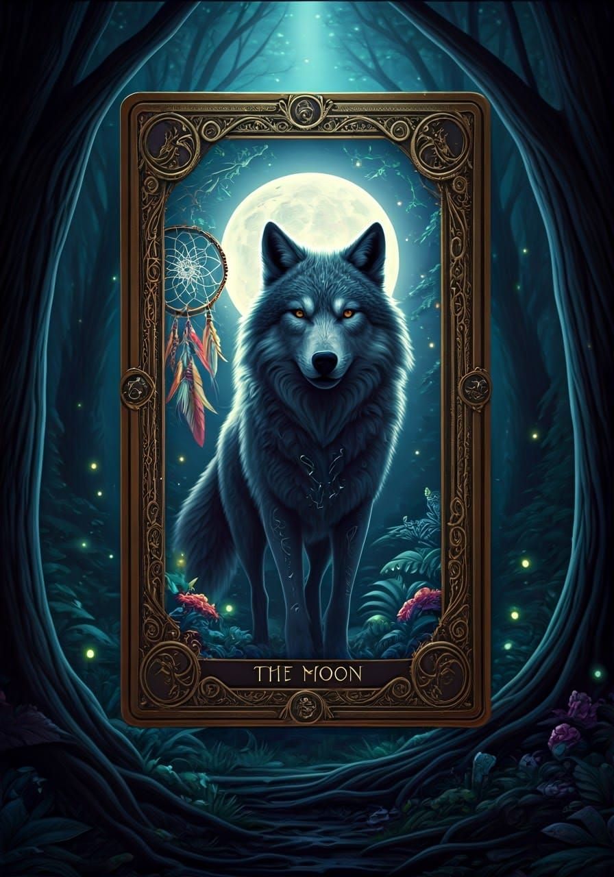 Fantasy Tarot Card: The Moon and Wolf