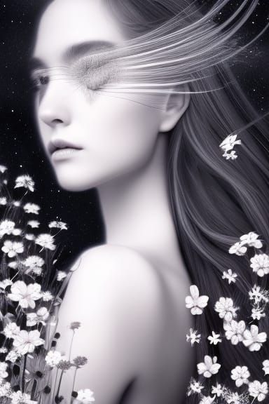 Girl and Landscape Double Exposure in Black and White