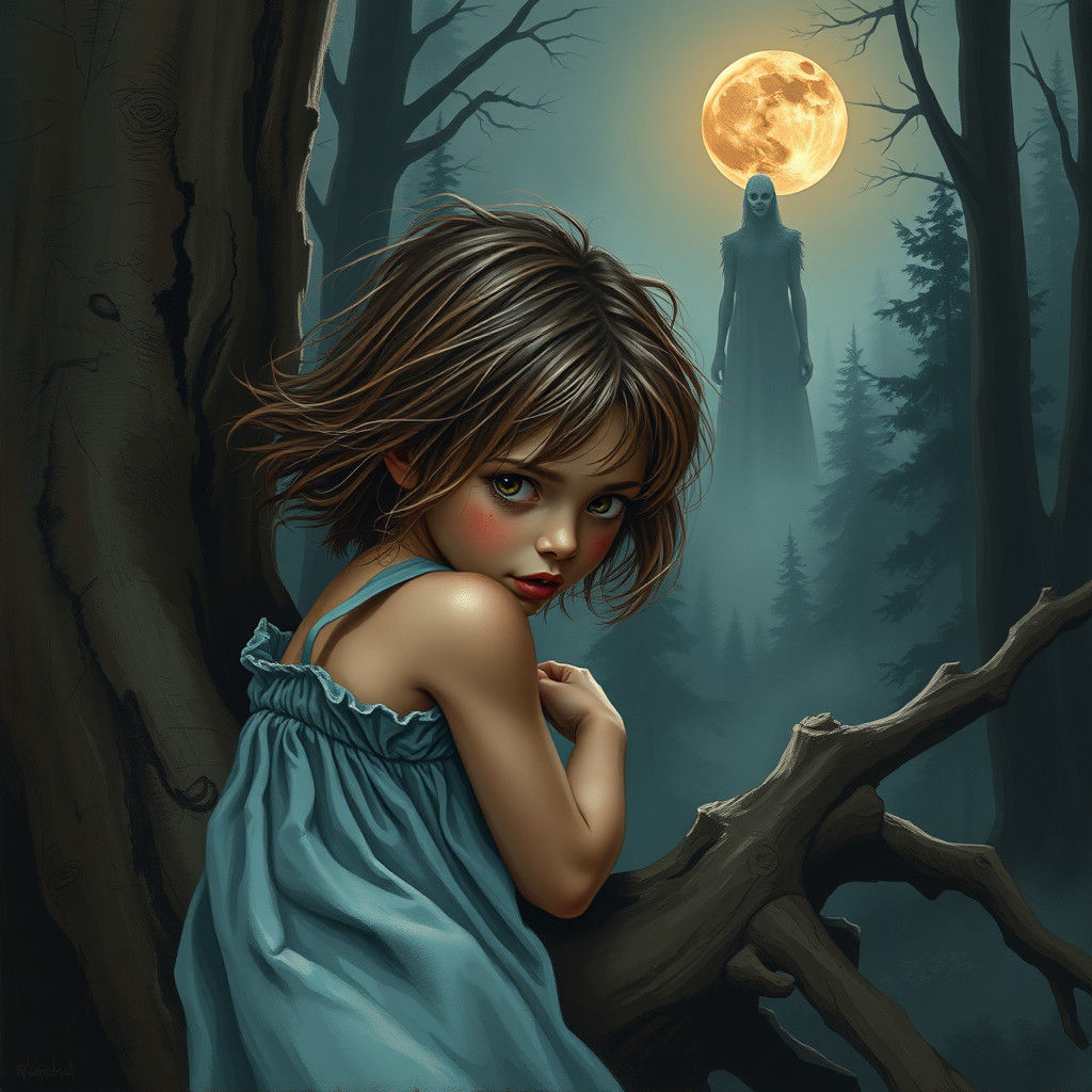 Eerie Forest Scene with Girl and Blood Moon