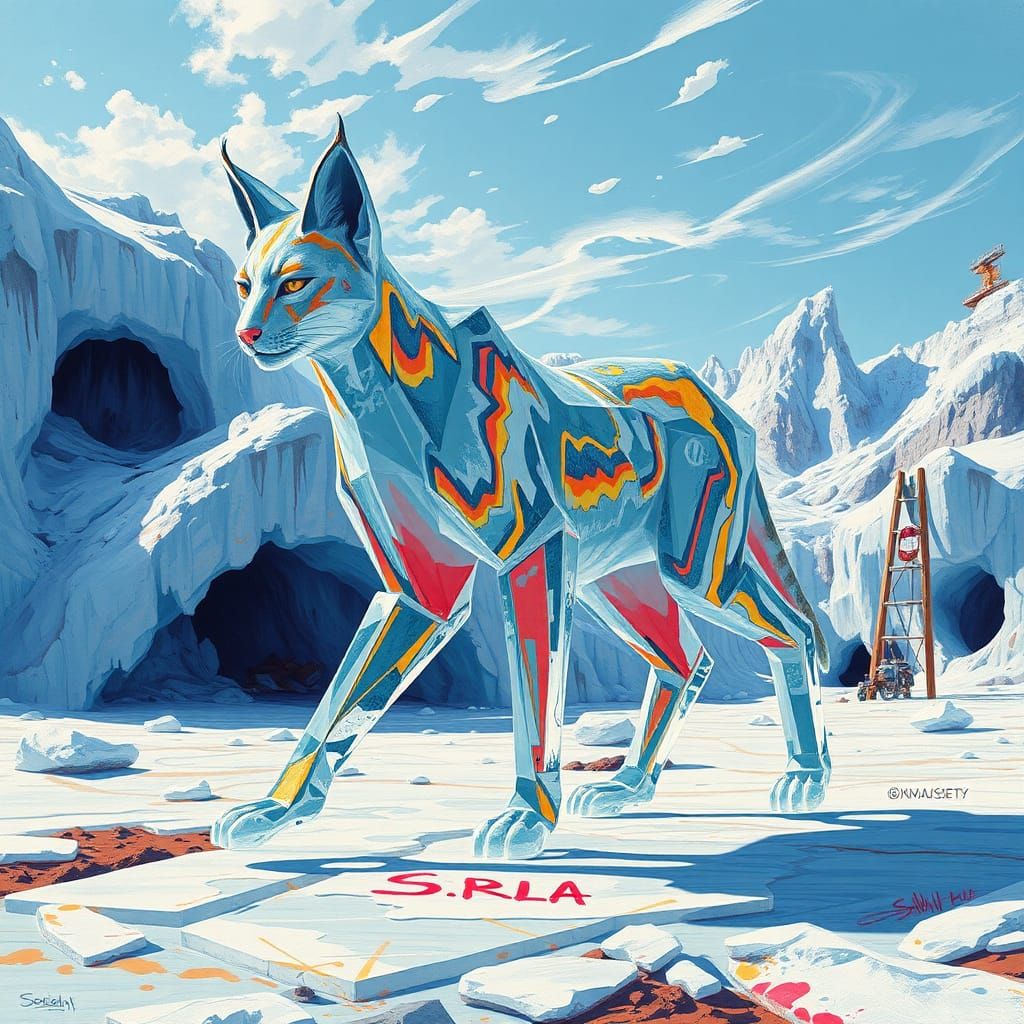 Icy Serval Sculpture on Alien Glacier