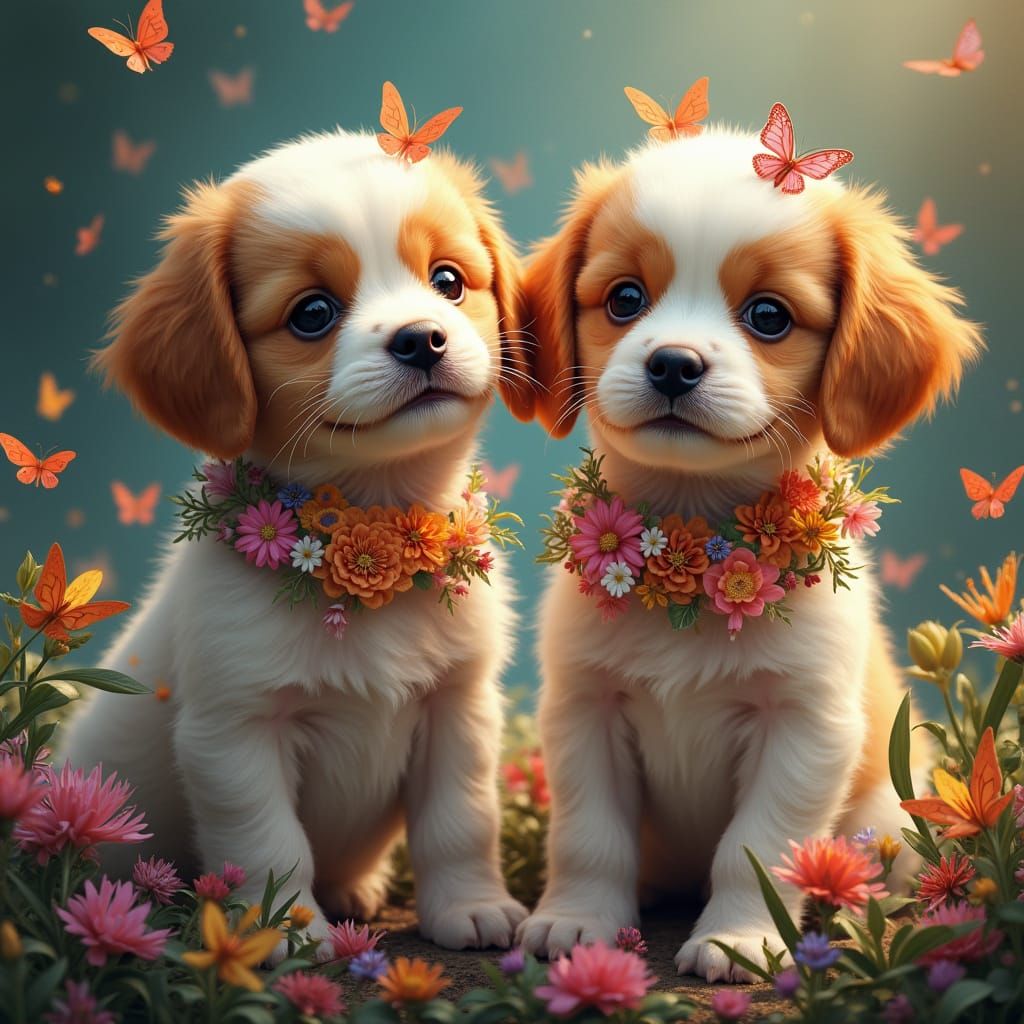 Papillon Puppies with Butterflies in Fantasy Realism