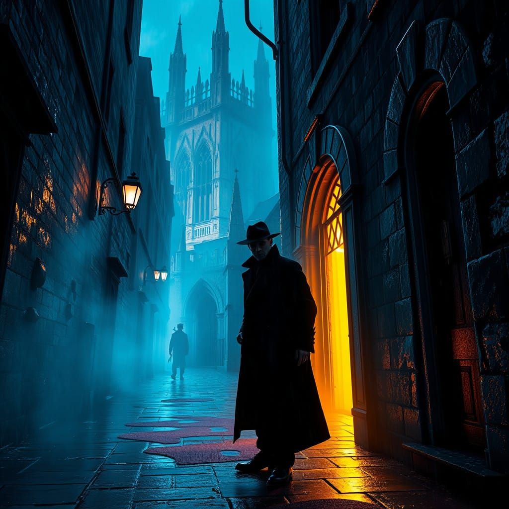 Hard-Boiled Detective in a Rainy, Gothic Alleyway